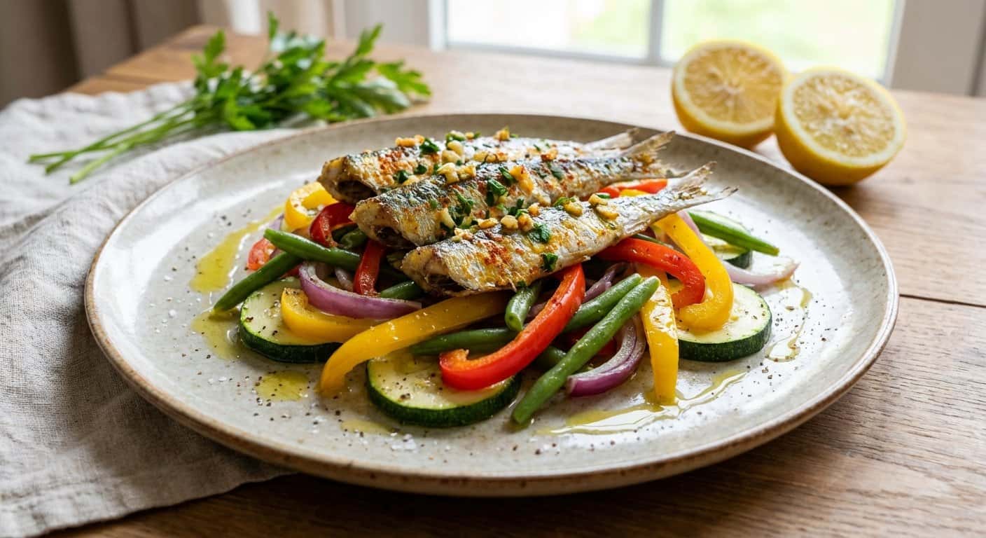 Boquerones al horno con verduras al vapor