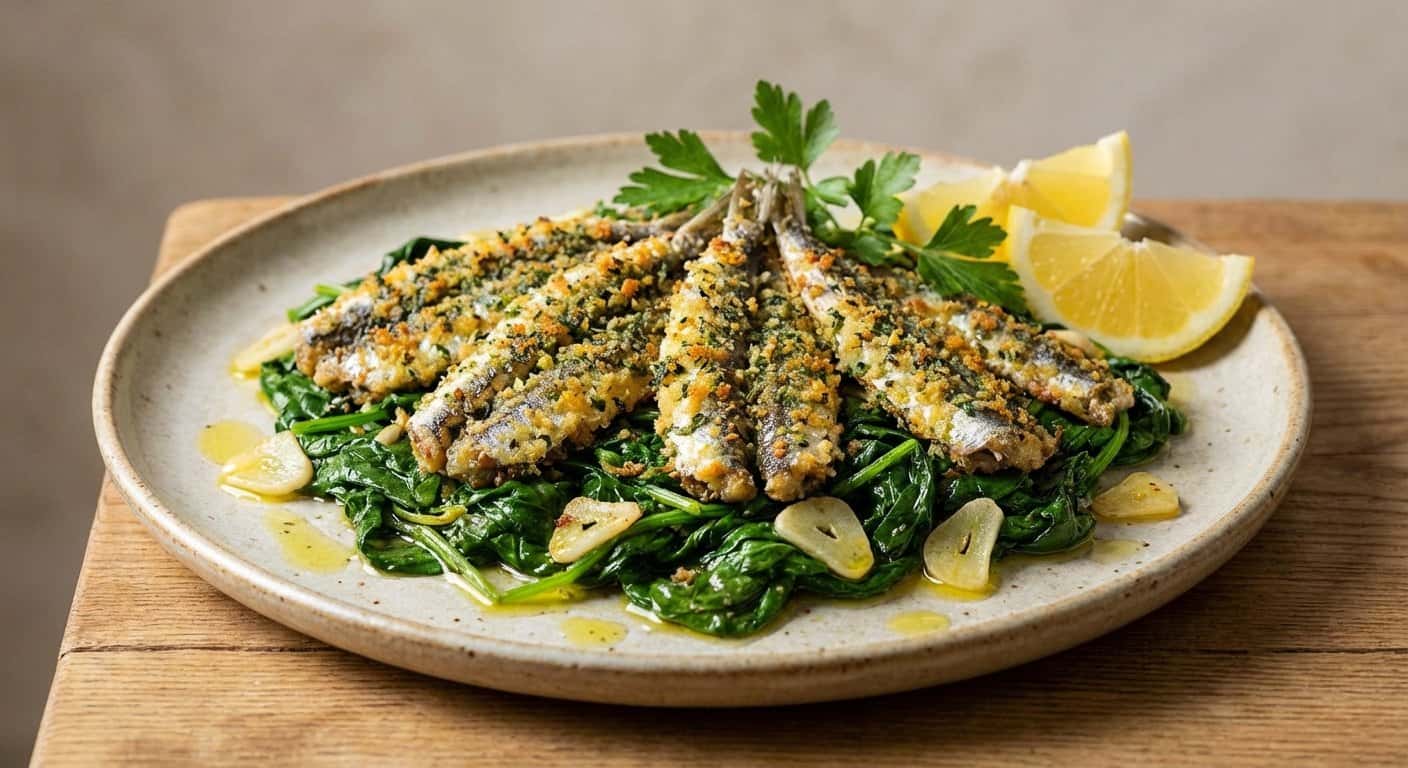 Boquerones con costra de hierbas con espinacas salteadas