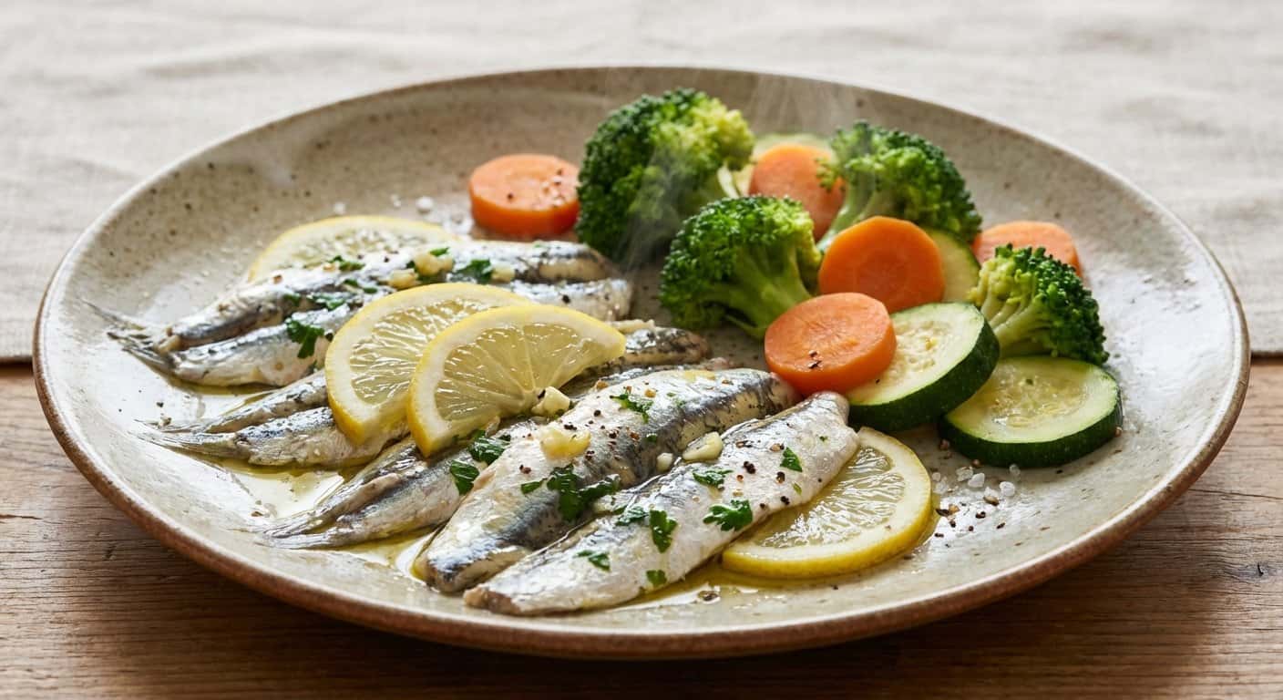 Boquerones con Limón y Verduras al Vapor