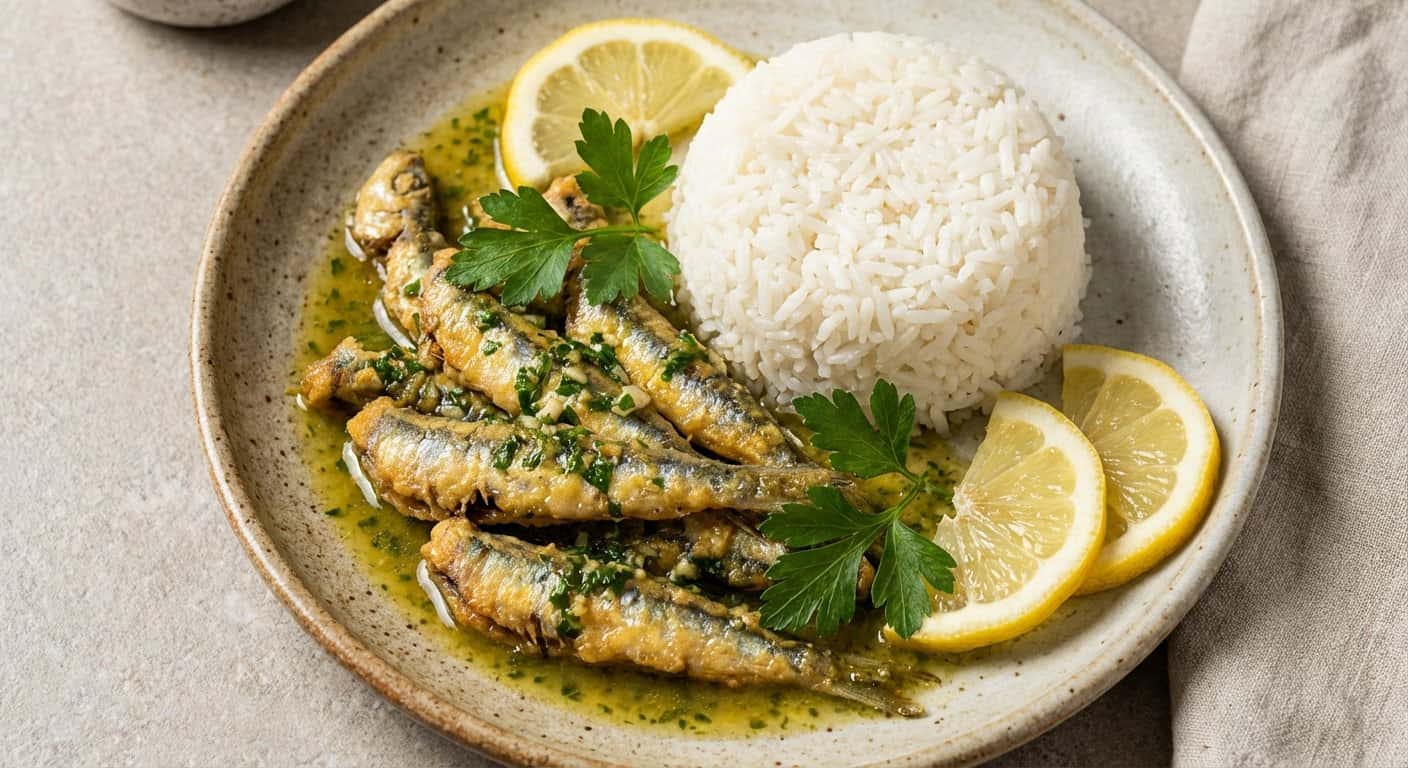 Boquerones en salsa verde con arroz blanco