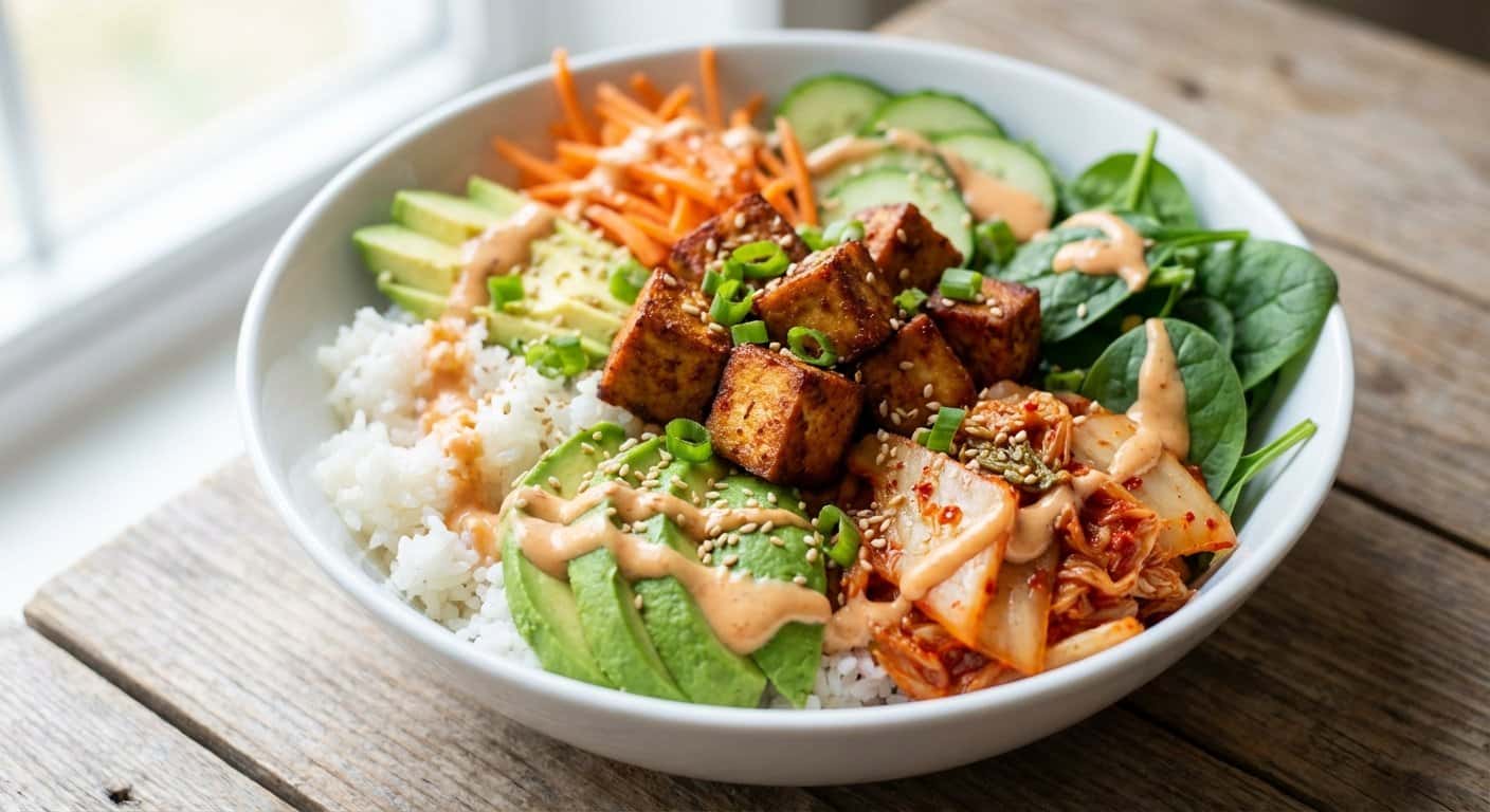 Bowl de Tofu y Kimchi Vegano