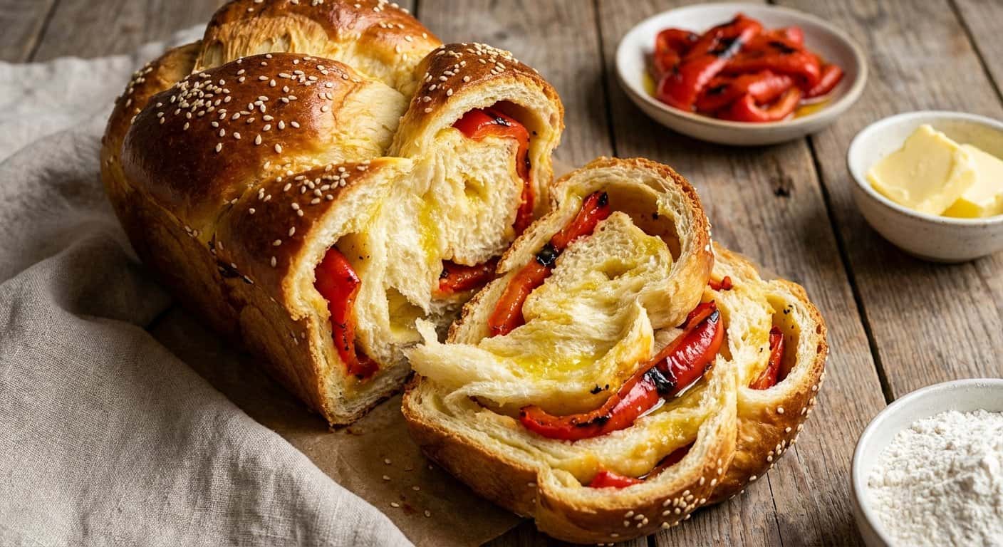 Brioche sin amasado con pimientos asados