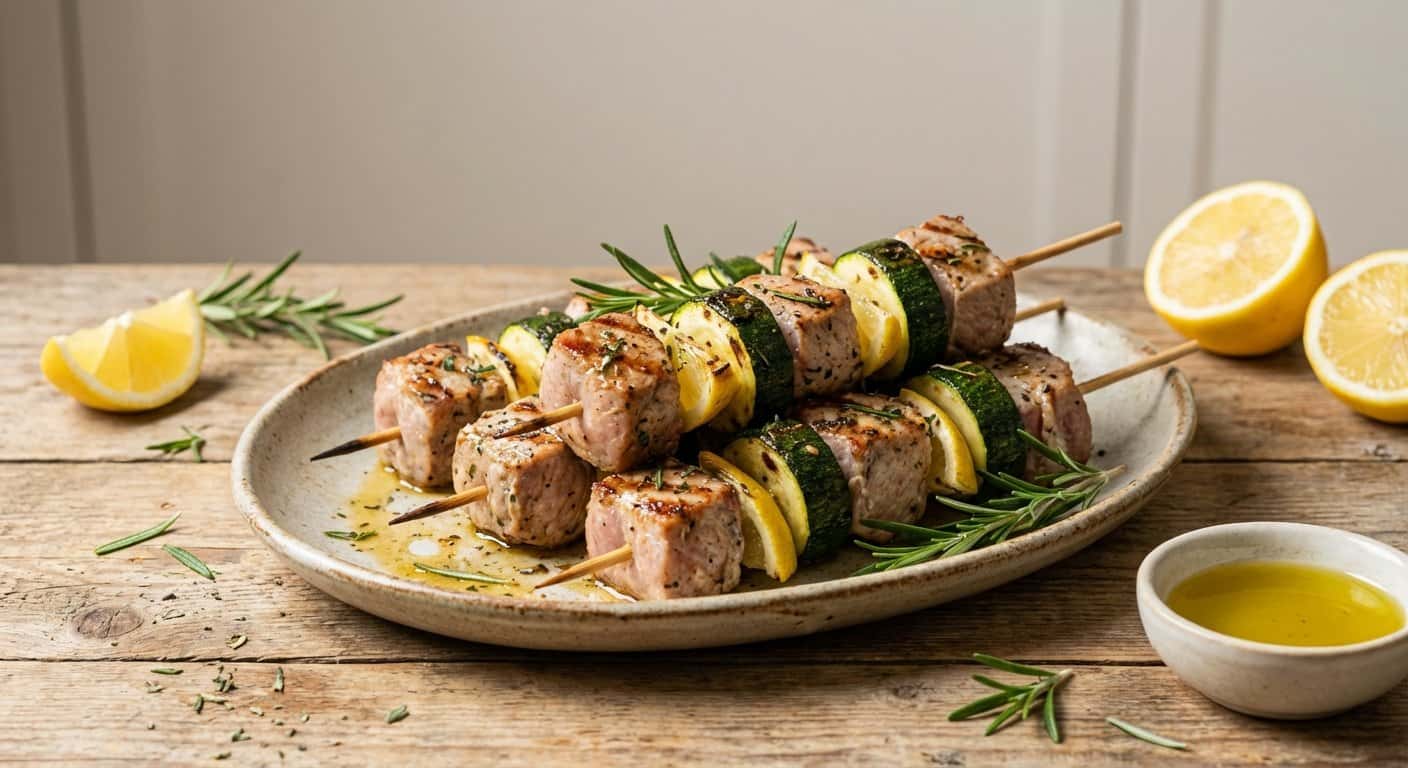Brochetas de Cerdo con Calabacín, Romero y Limón