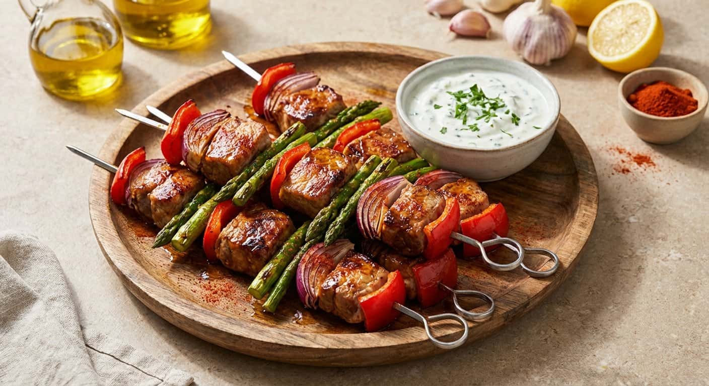 Brochetas de cerdo con espárragos y pimentón dulce