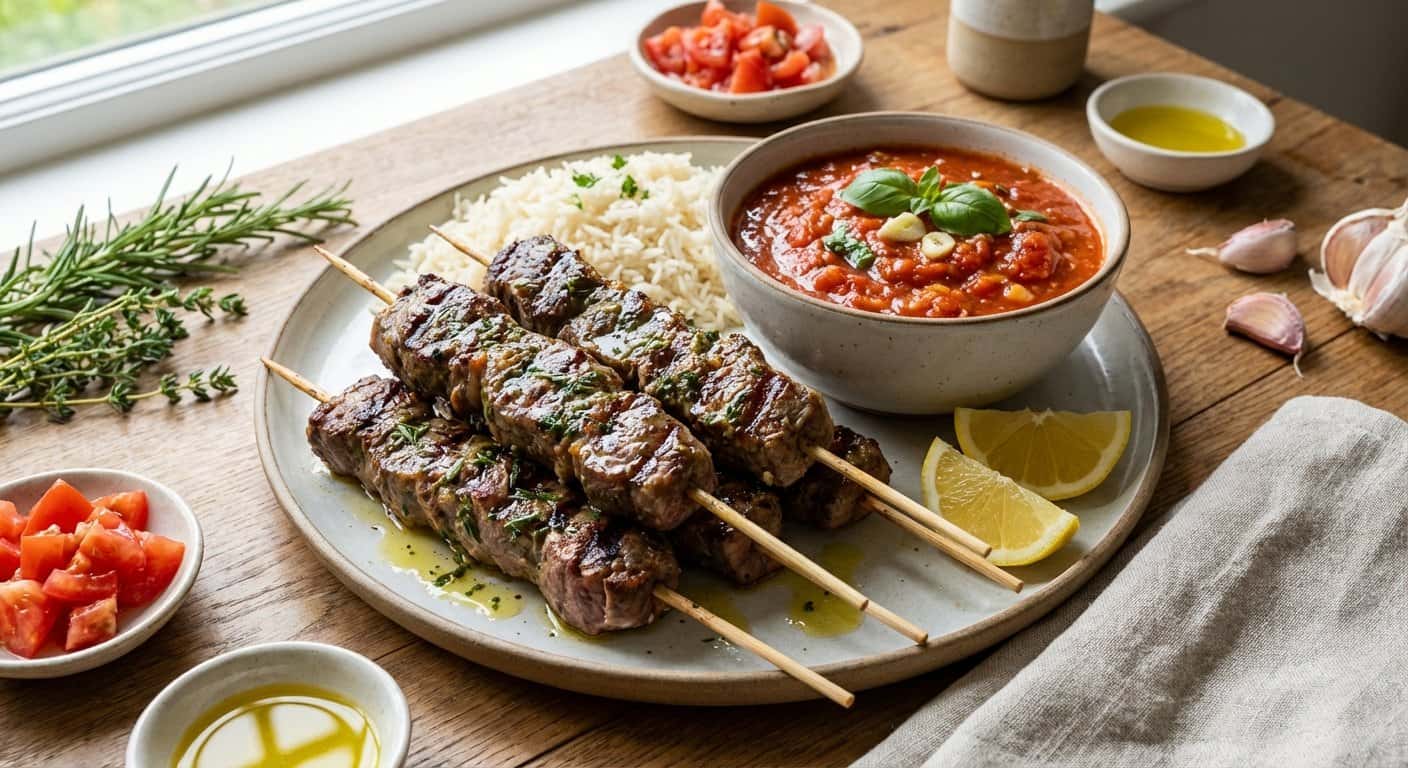 Brochetas de Cordero a la Plancha con Salsa de Tomate