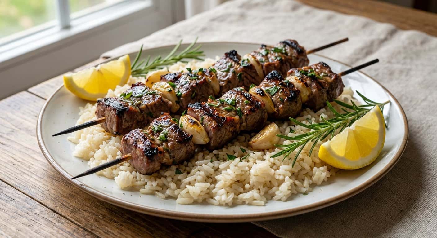 Brochetas de Cordero al Ajillo con Arroz
