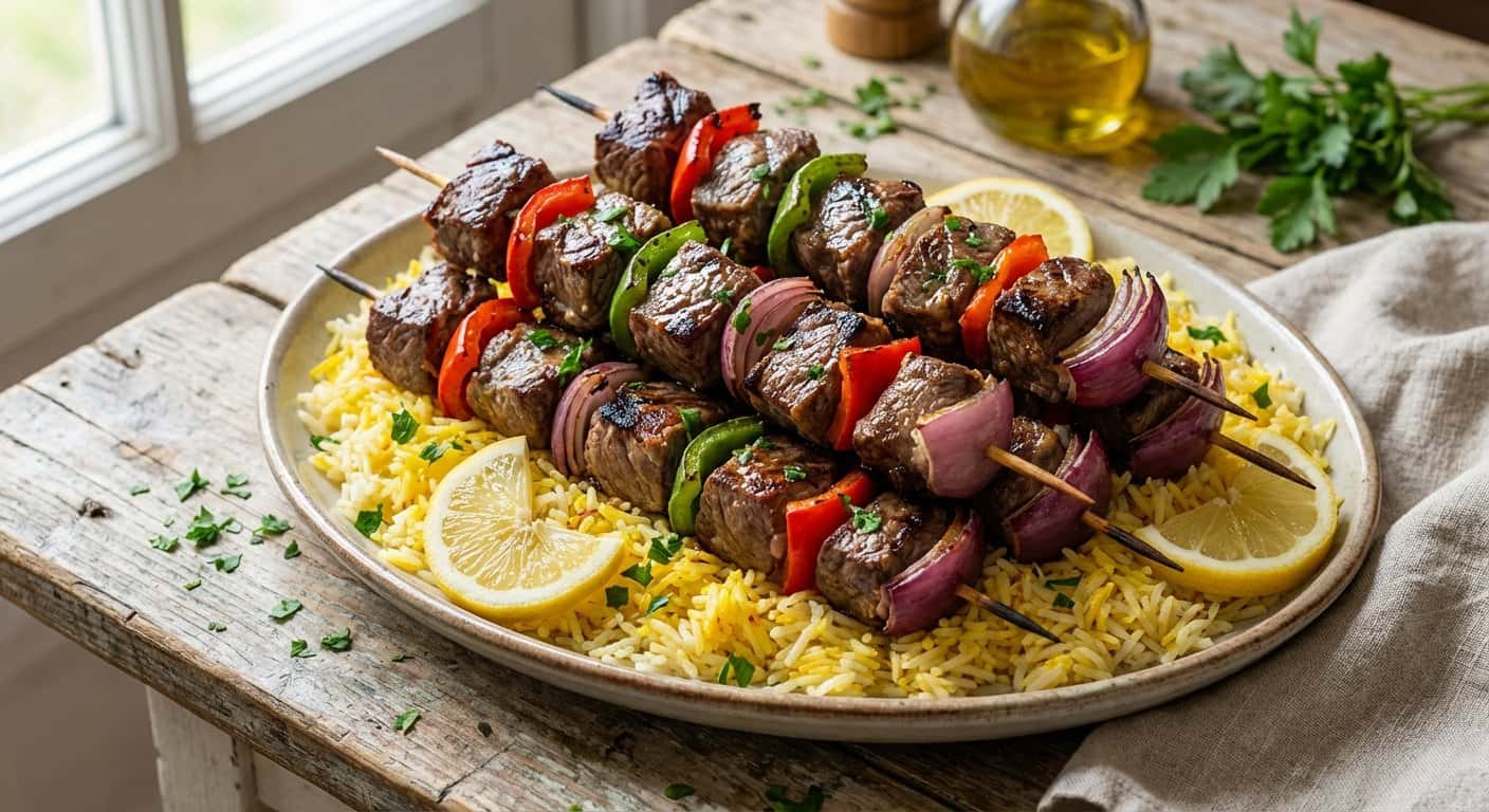 Brochetas de Cordero con Limón y Arroz