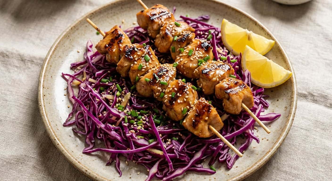 Brochetas de Pollo con Col Lombarda y Jengibre