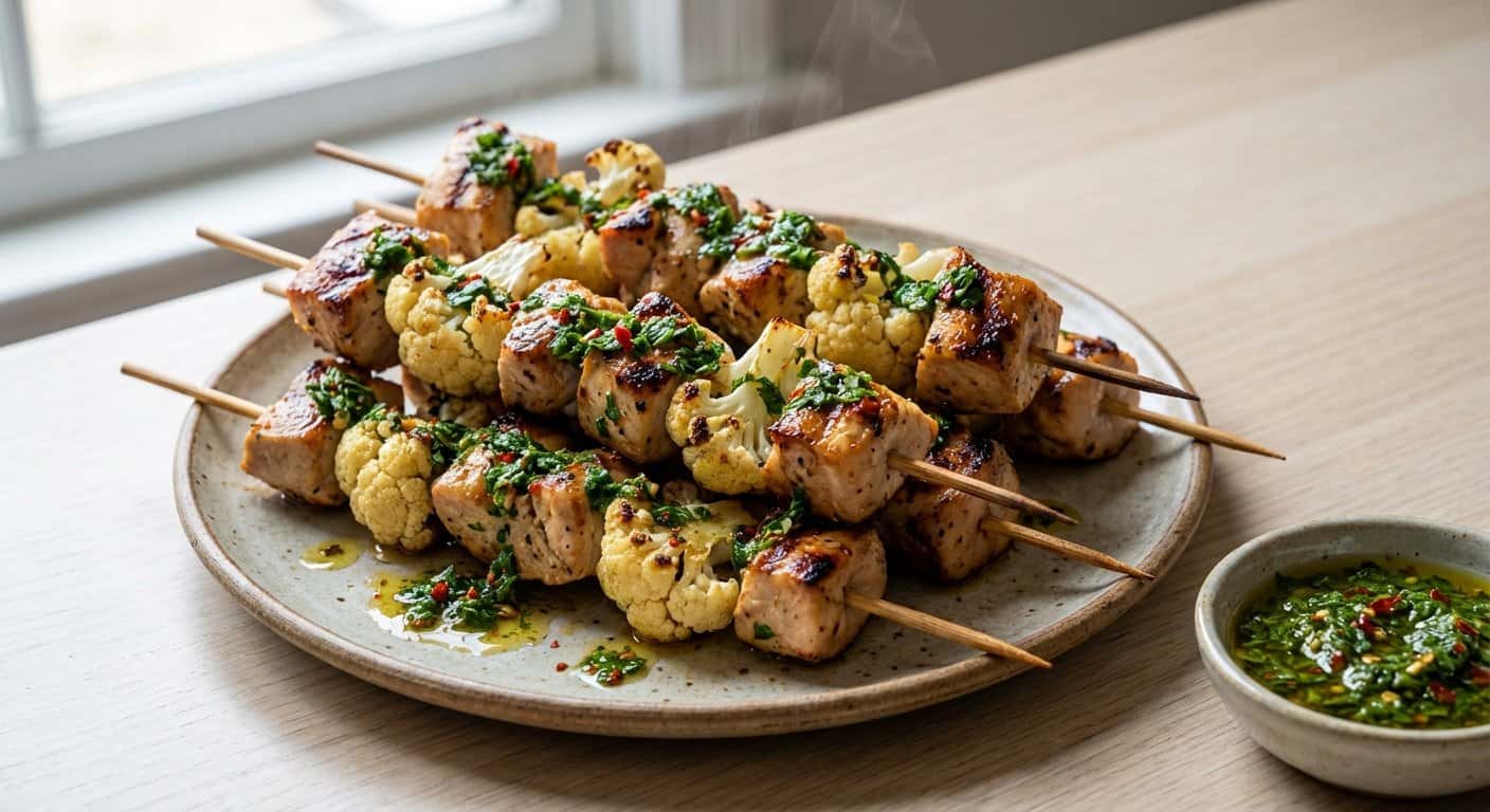 Brochetas de Pollo con Coliflor y Chimichurri Ligero