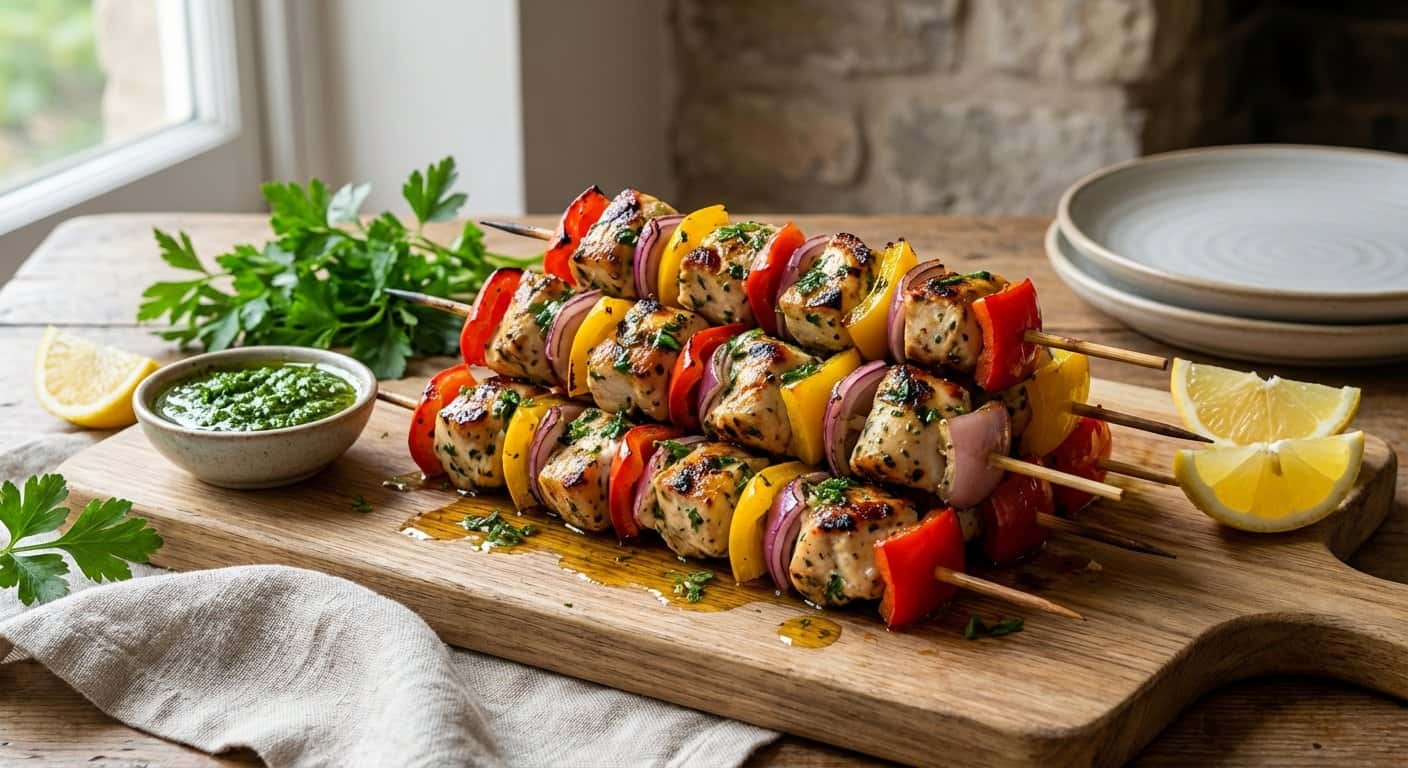 Brochetas de Pollo con Pimientos y Chimichurri Ligero