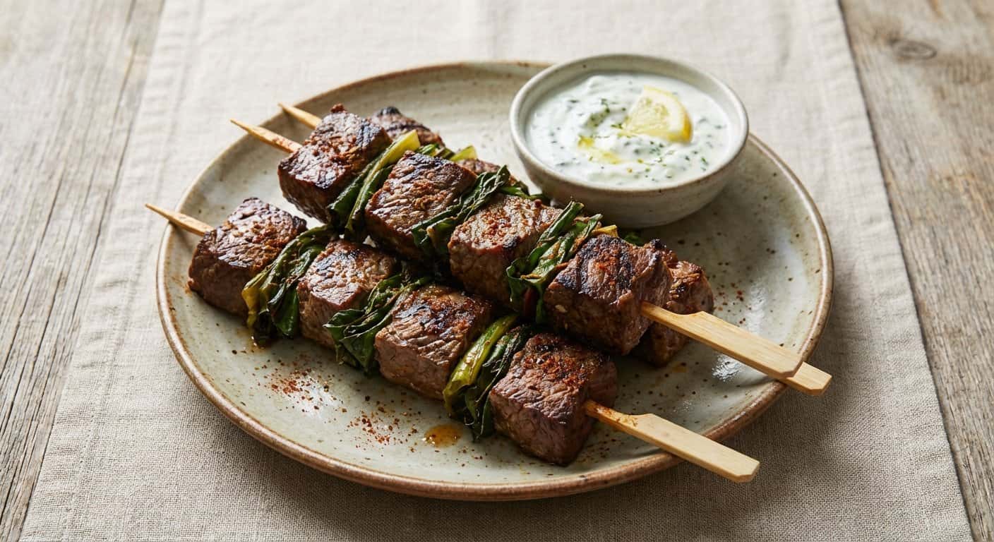 Brochetas de Ternera con Acelgas y Comino