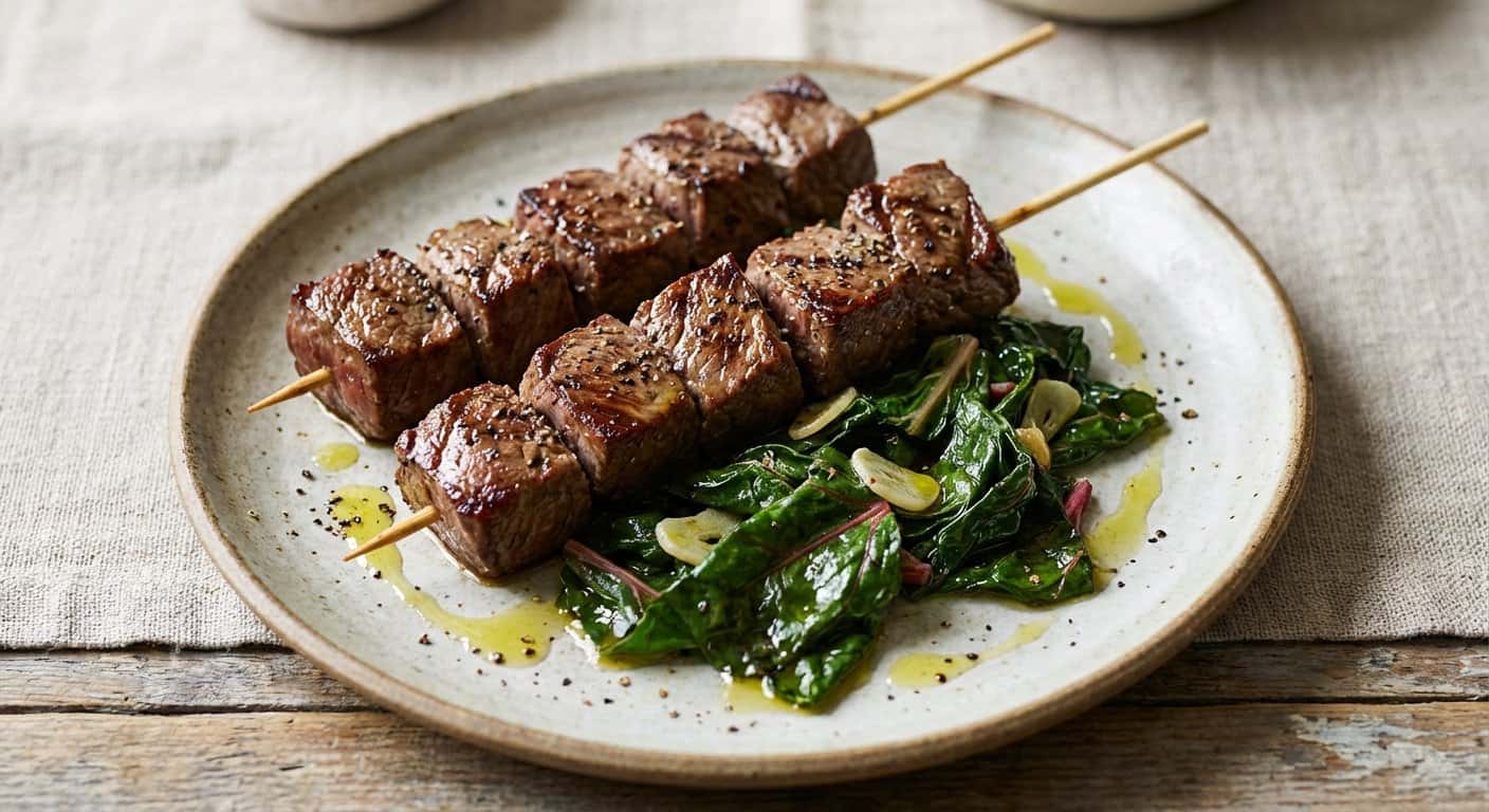 Brochetas de Ternera con Acelgas y Pimienta Negra