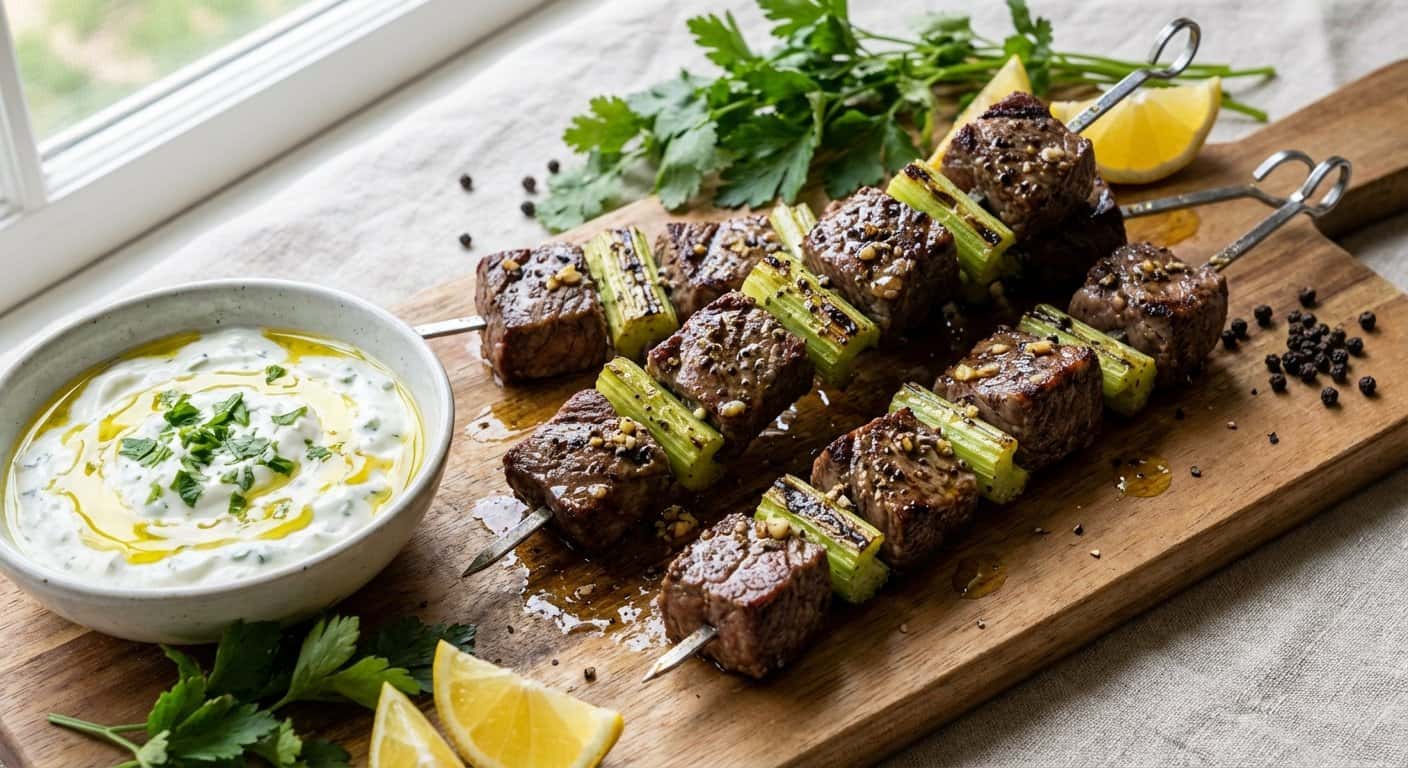 Brochetas de Ternera con Apio y Pimienta Negra