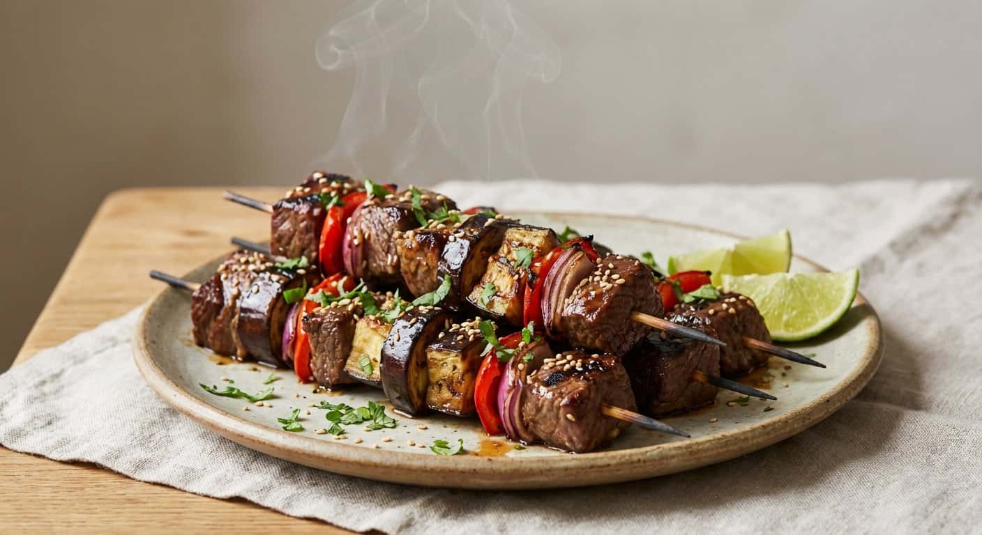 Brochetas de ternera con berenjena y jengibre