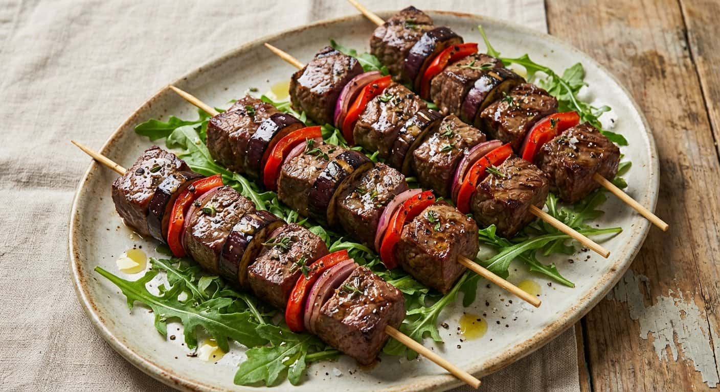 Brochetas de Ternera con Berenjena y Pimienta Negra