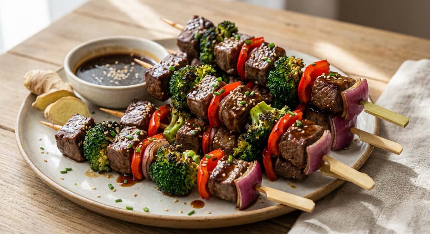 Brochetas de Ternera con Brócoli y Jengibre