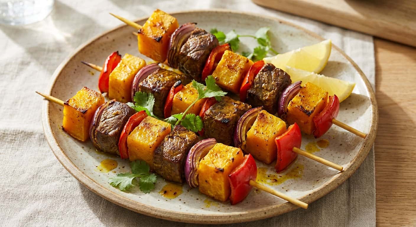 Brochetas de ternera con calabaza y cúrcuma