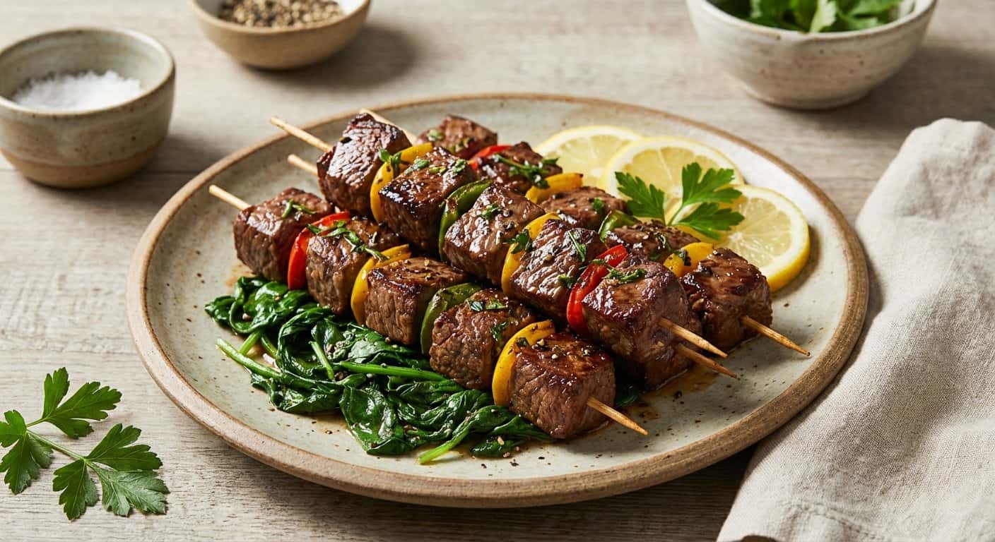 Brochetas de Ternera con Espinacas y Pimienta Negra