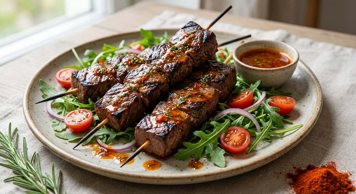 Brochetas de ternera con rúcula y pimentón dulce