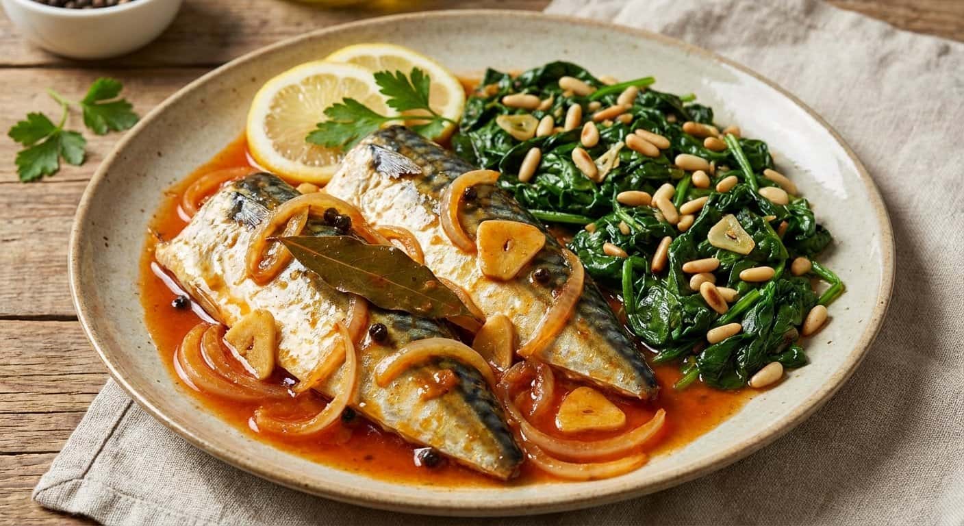 Caballa en Escabeche con Espinacas Salteadas