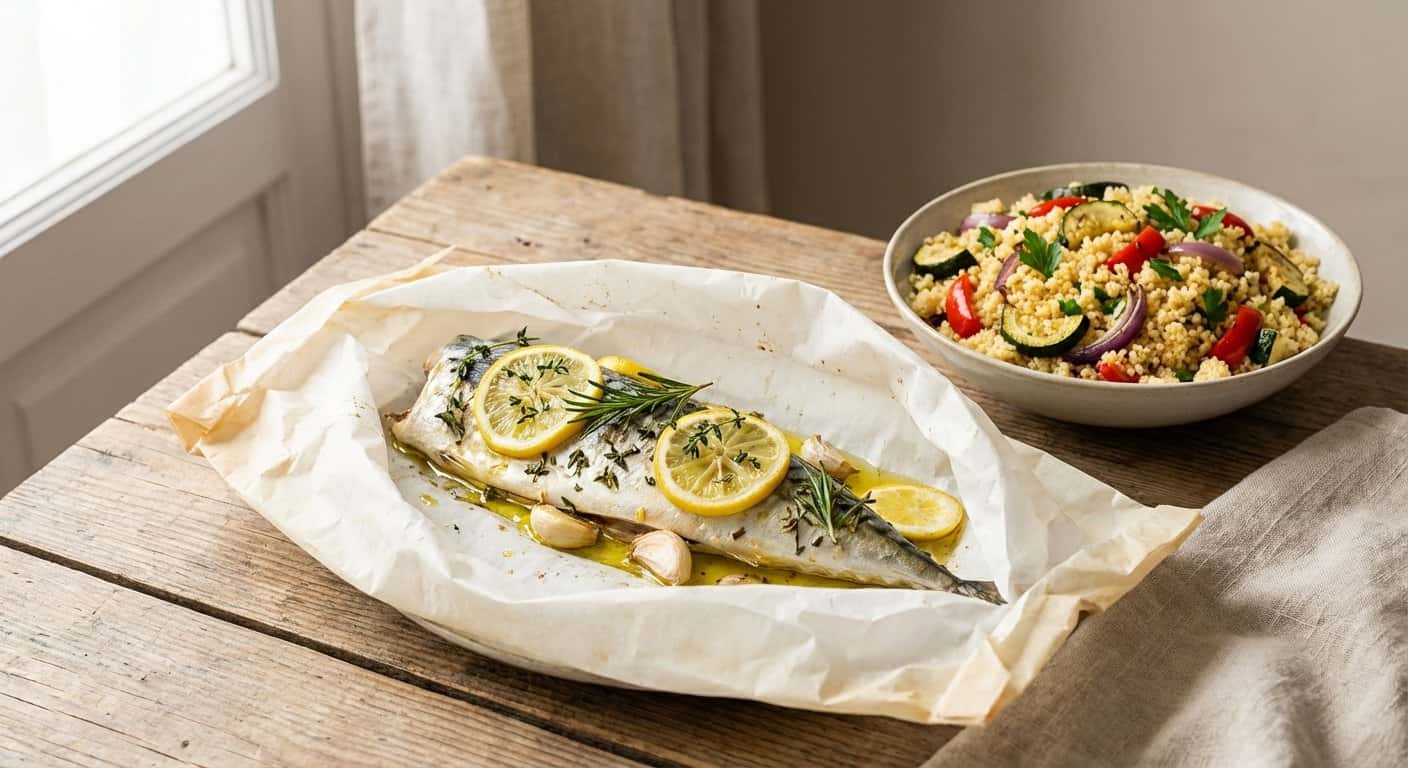 Caballa en Papillote con Cuscús