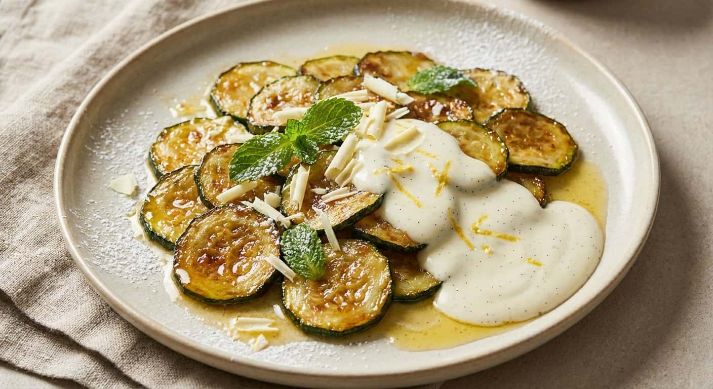 Calabacín Caramelizado con Mantequilla de Hierbas y Salsa de Nata Dulce