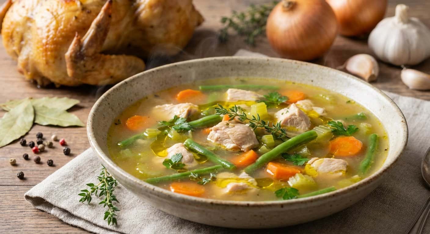 Caldo de Pollo Casero con Judías Verdes y Tomillo