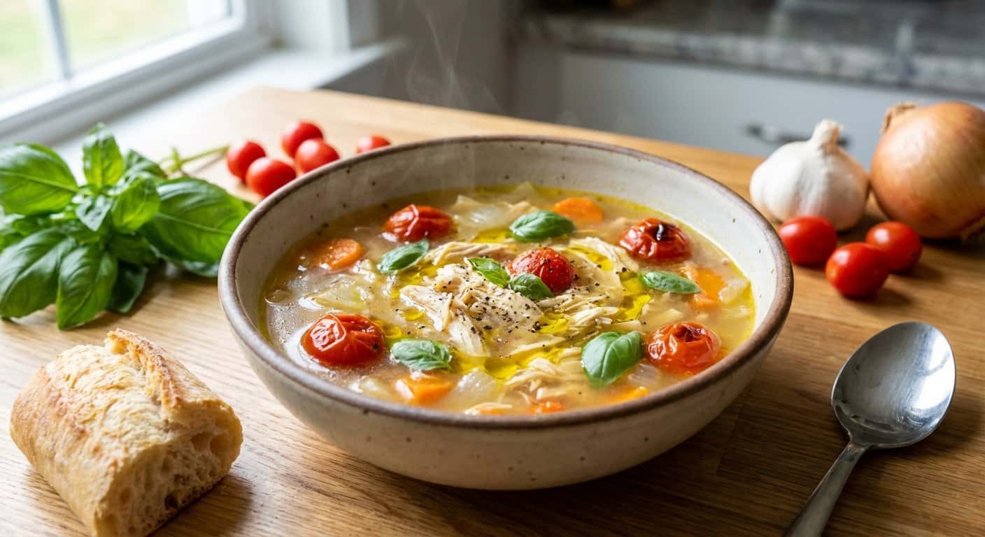 Caldo de Pollo Casero con Tomate Cherry y Albahaca
