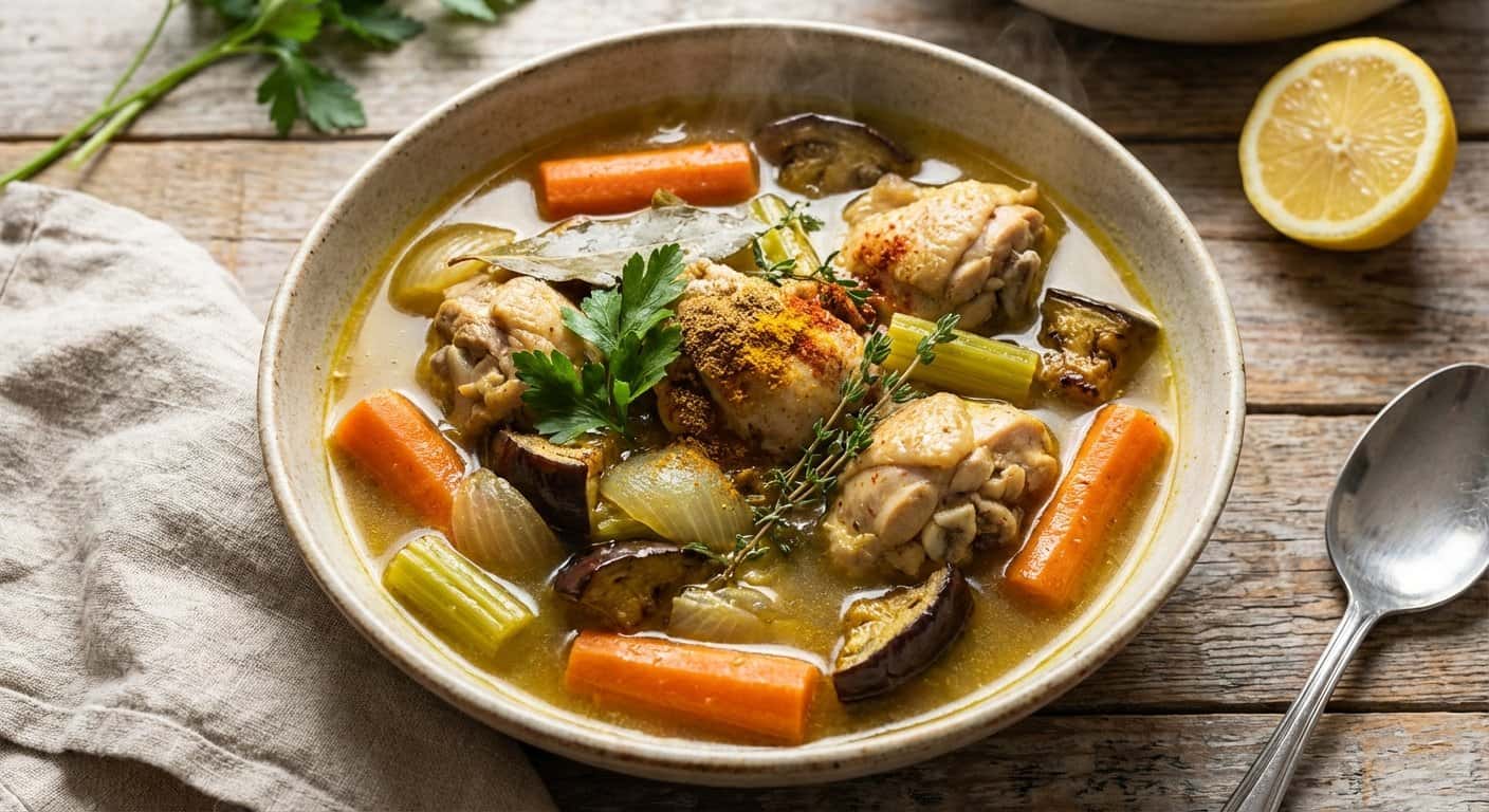 Caldo de Pollo con Berenjena y Especias Suaves