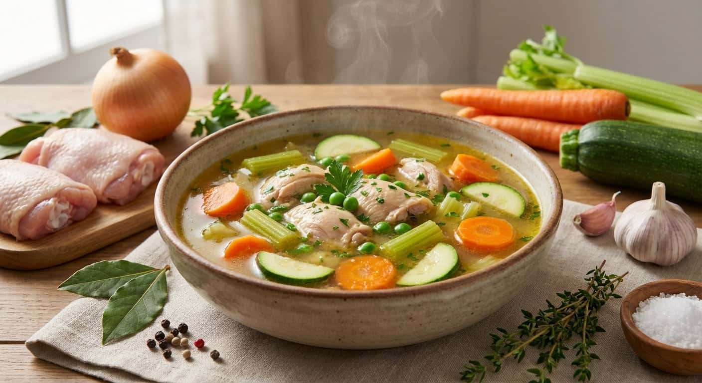 Caldo de Pollo con Calabacín y Especias Suaves