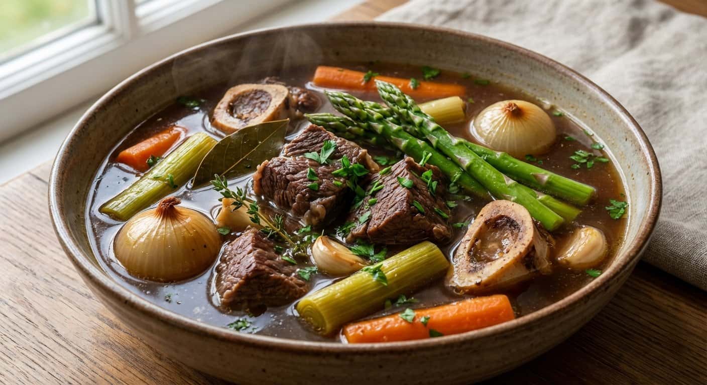 Caldo de Ternera Casero con Espárragos y Perejil