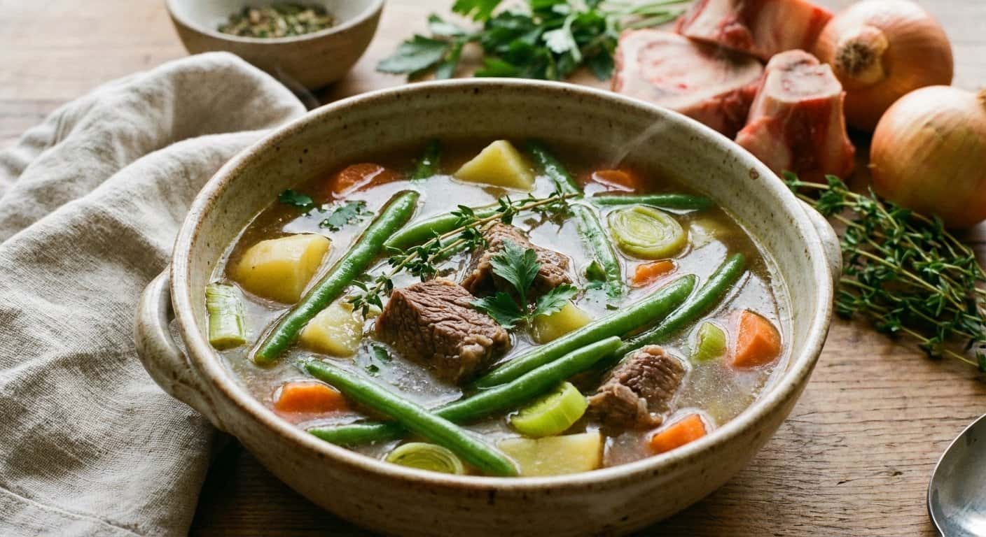 Caldo de Ternera Casero con Judías Verdes y Tomillo