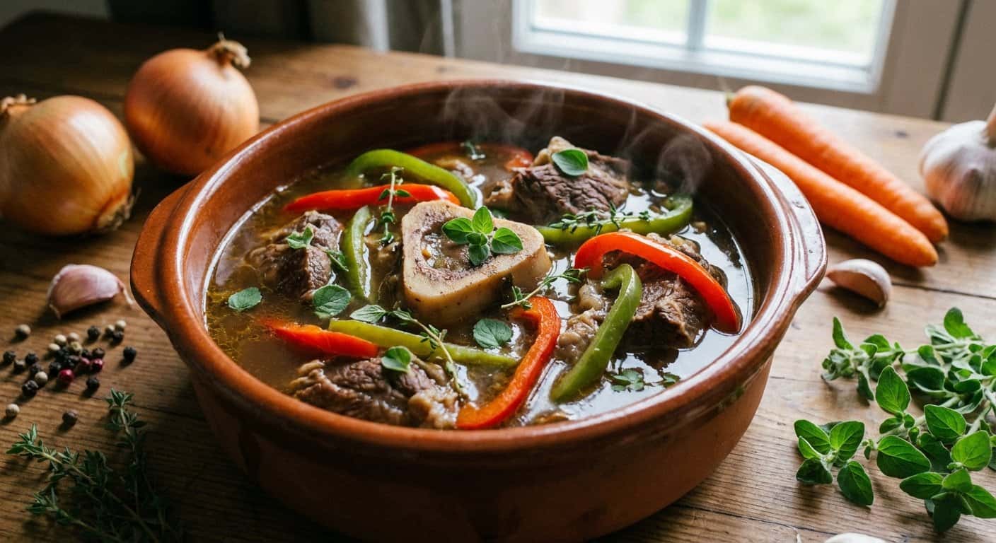 Caldo de ternera casero con pimientos y orégano