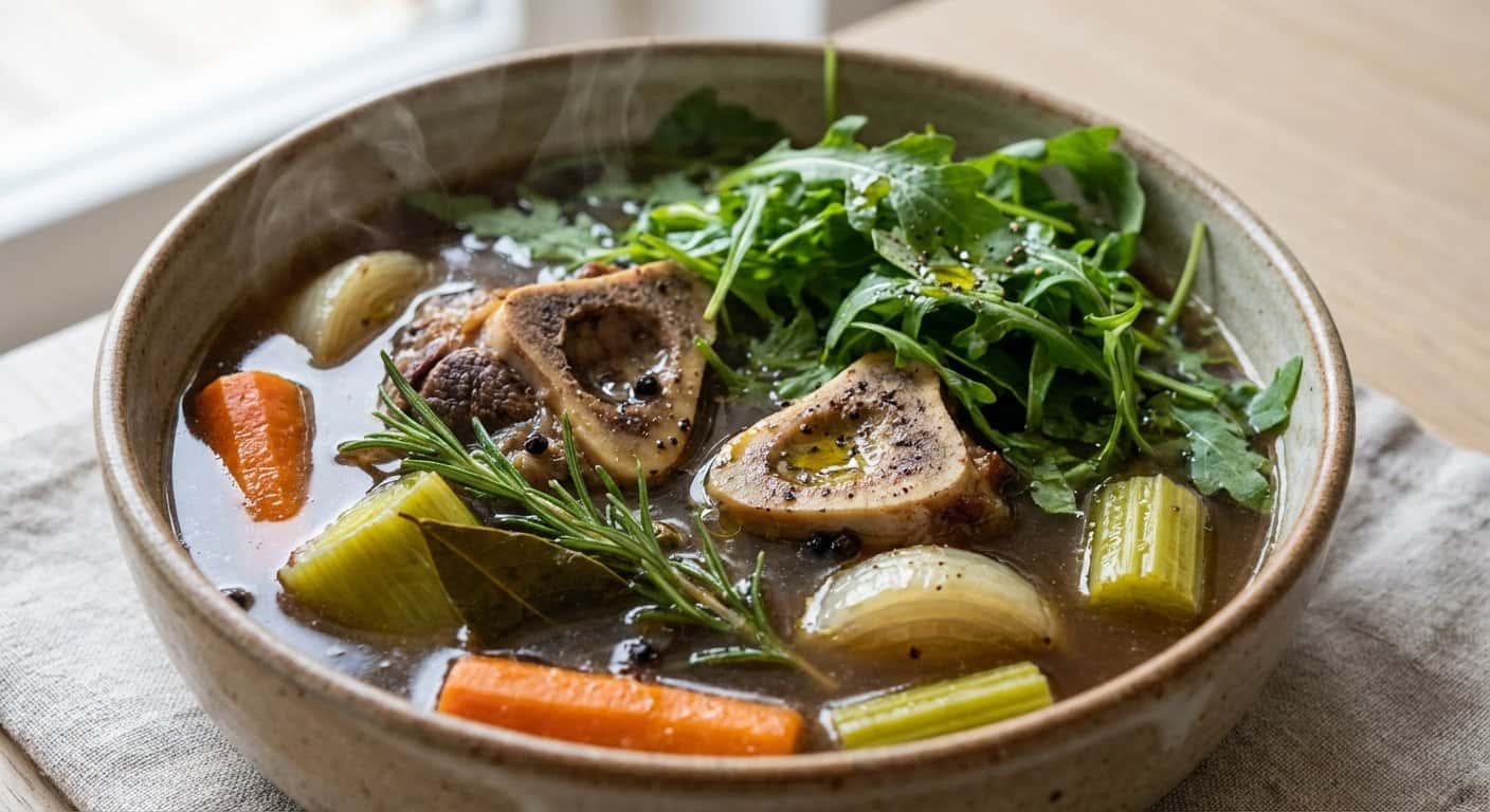 Caldo de Ternera Casero con Rúcula y Romero