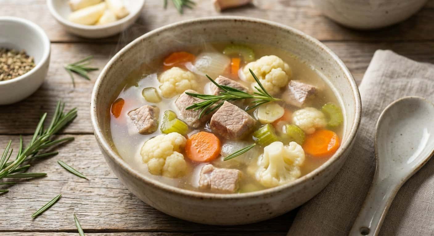 Caldo ligero de cerdo con coliflor y romero