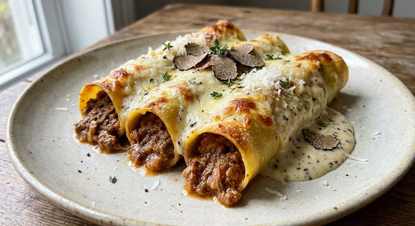 Canelón de Ternera Guisada con Bechamel de Trufa