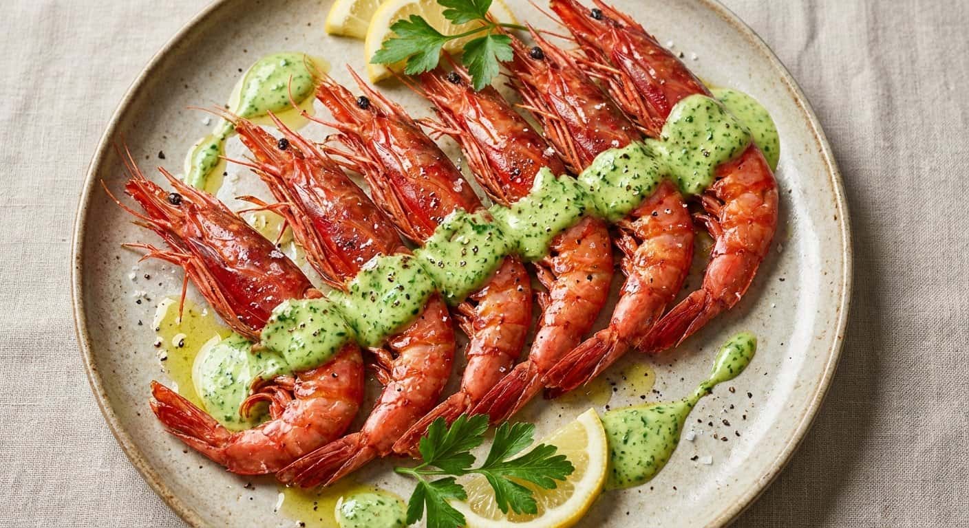 Carabinero a la plancha con emulsión de ajo y perejil