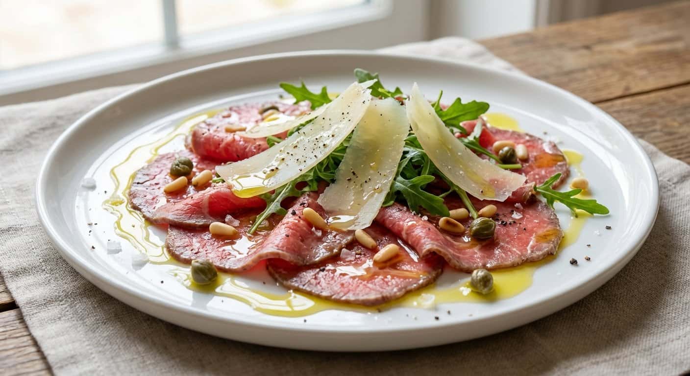 Carpaccio de Ternera con Láminas de Parmesano y Aceite de Oliva Virgen