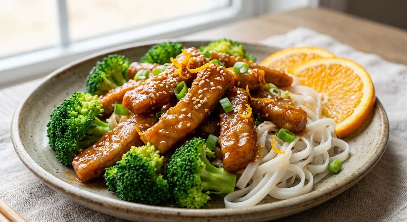Cerdo a la Naranja con Brócoli y Fideos de Arroz