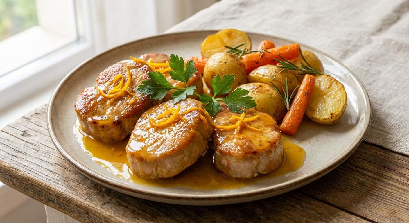 Cerdo a la Naranja con Zanahoria y Patata Cocida