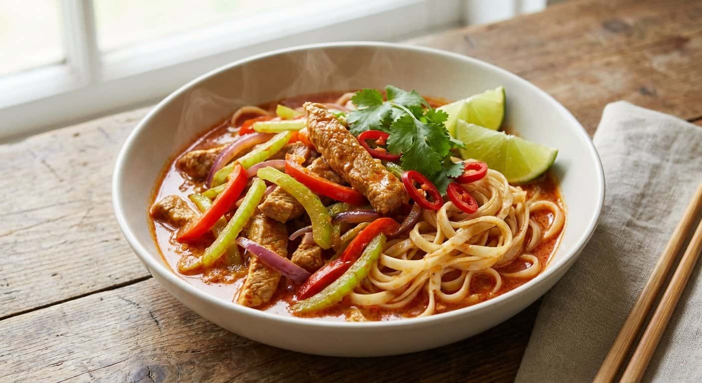 Cerdo al Curry con Especias, Apio y Fideos de Arroz