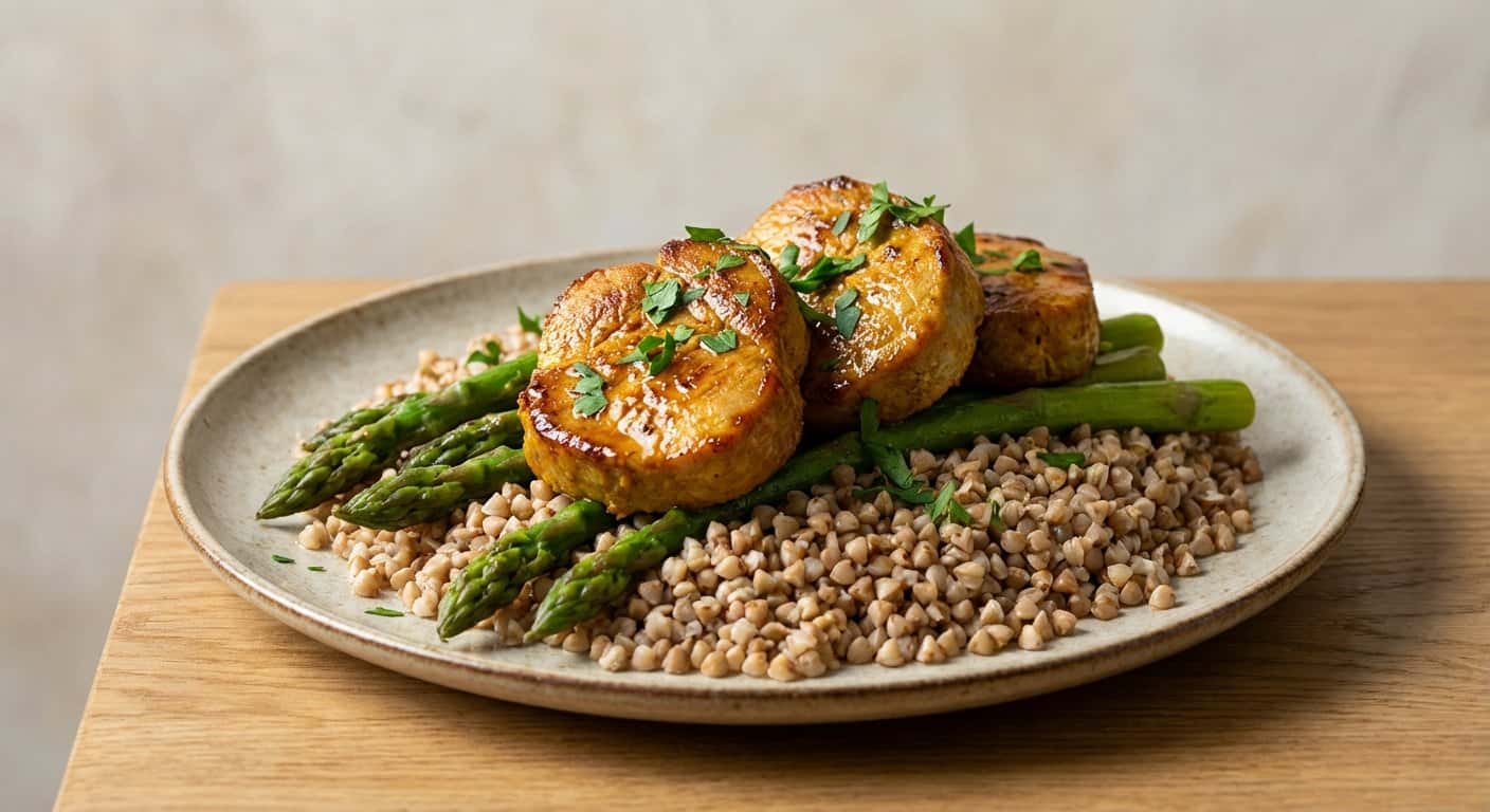 Cerdo al Marroquí Suave con Espárragos y Trigo Sarraceno