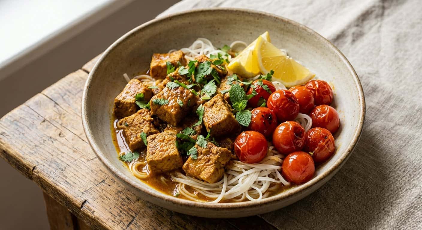 Cerdo al Marroquí Suave con Tomate Cherry y Fideos de Arroz