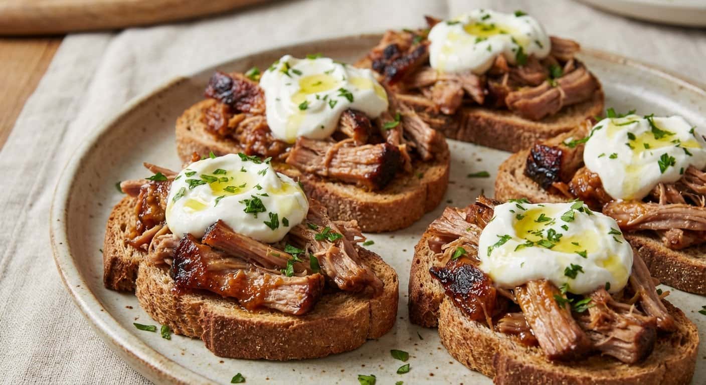 Cerdo Desmenuzado en Tostas Integrales con Yogur Natural