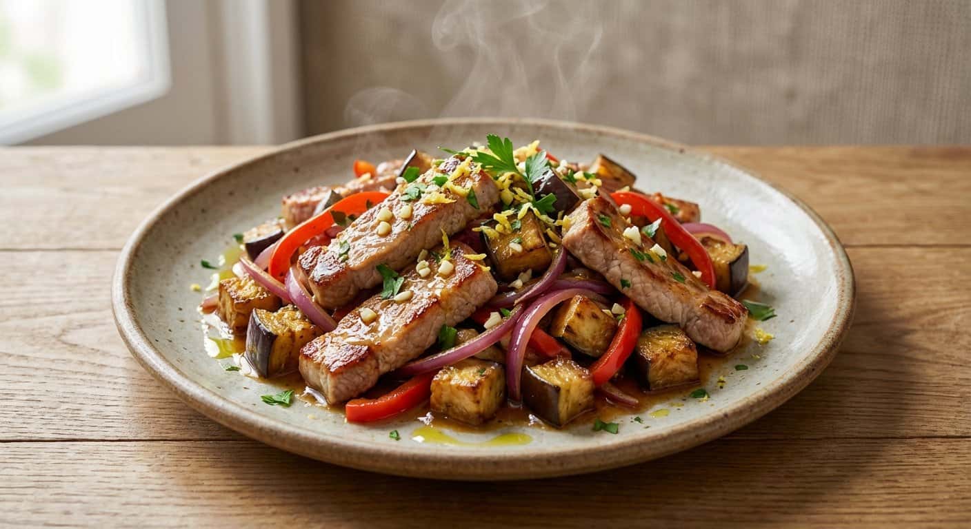 Cerdo Salteado con Berenjena, Ajo y Limón