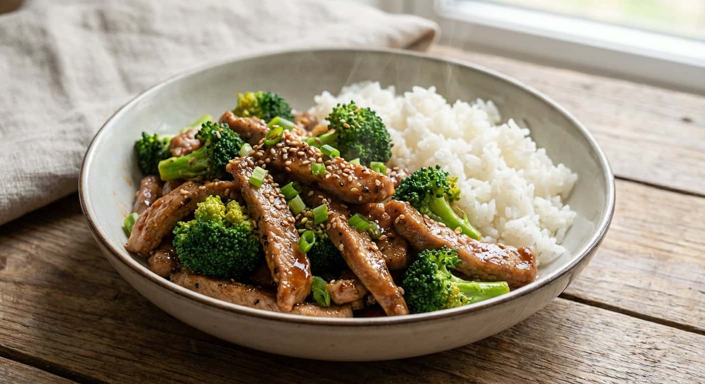 Cerdo Salteado con Brócoli y Pimienta Negra