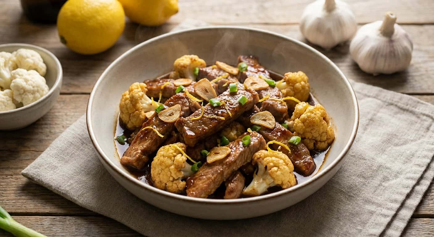 Cerdo Salteado con Coliflor, Ajo y Limón