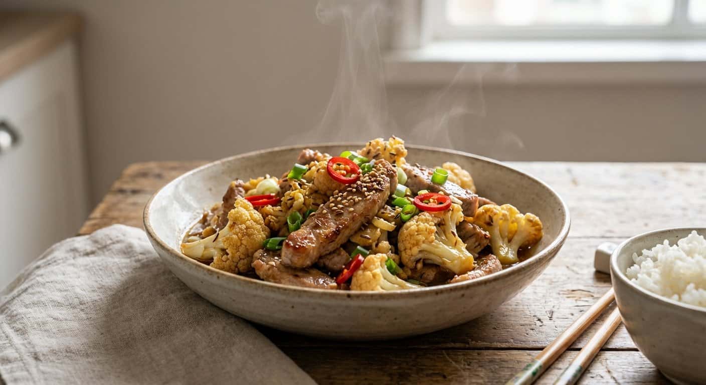 Cerdo Salteado con Coliflor y Comino