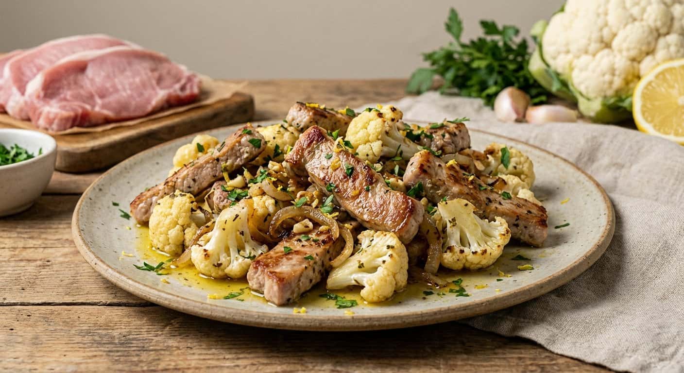 Cerdo Salteado con Coliflor y Hierbas Provenzales