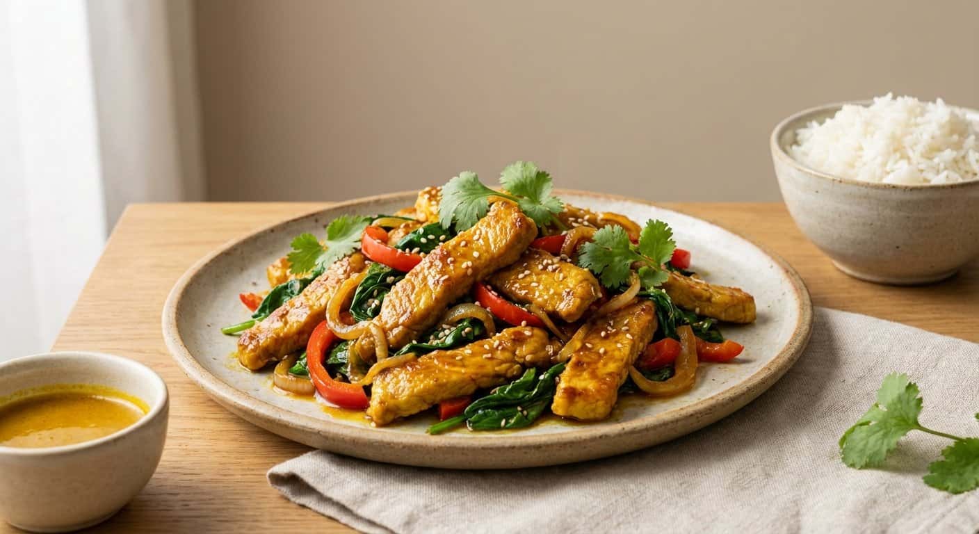 Cerdo Salteado con Espinacas y Cúrcuma